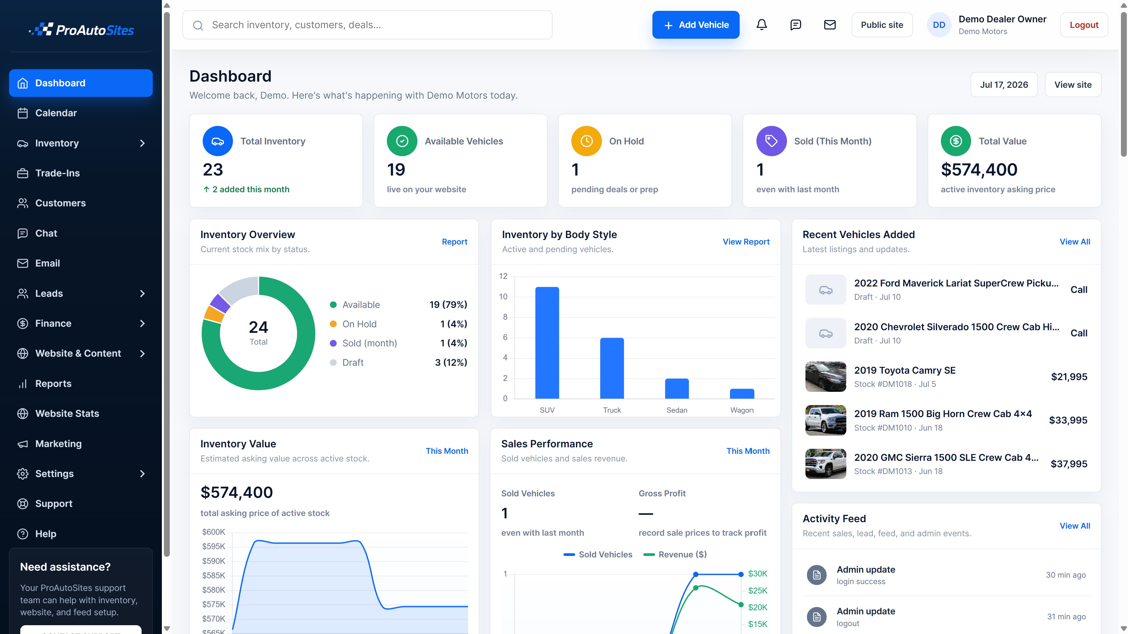 ProAutoSites dealer dashboard with inventory, sales, and recent vehicle activity