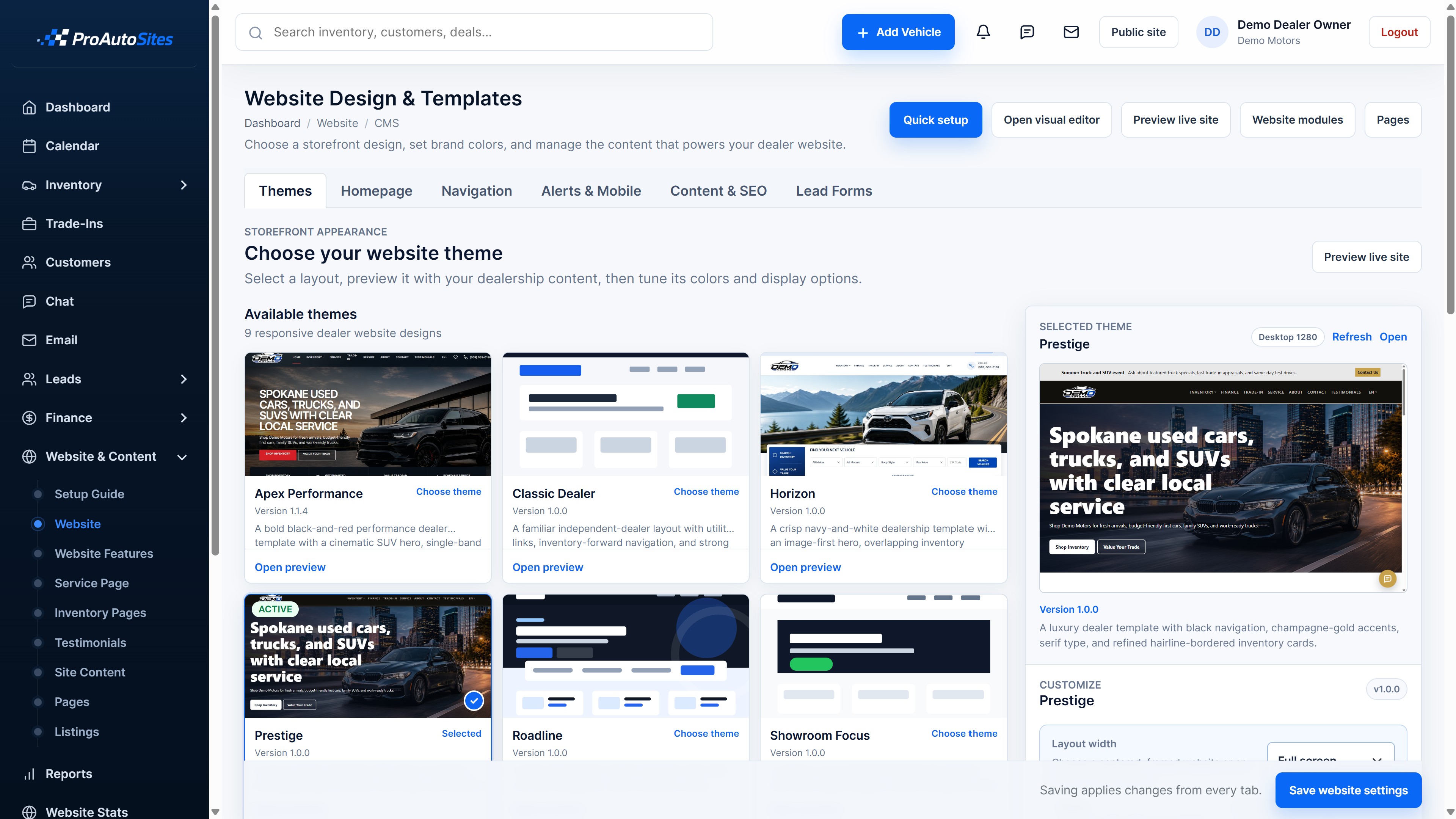 ProAutoSites website design and template management screen